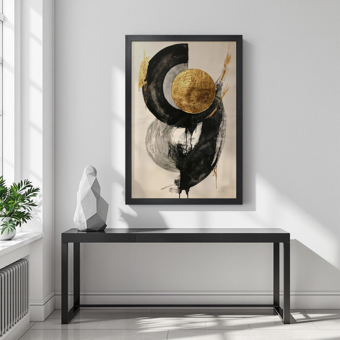 Framed Poster featuring abstract art in black, gold, and neutral tones. Modern wall decor for any space.