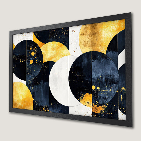 Framed Poster featuring abstract geometric art with gold, navy, and white color palette. Modern wall art for home decor.