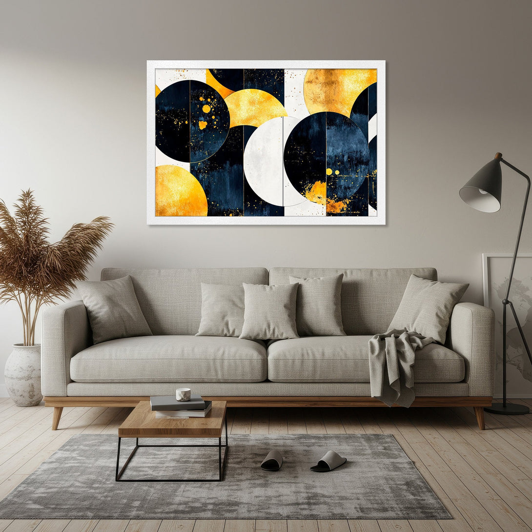 Framed Poster of abstract geometric art with navy, gold, and white circles. Modern art print for your home decor.