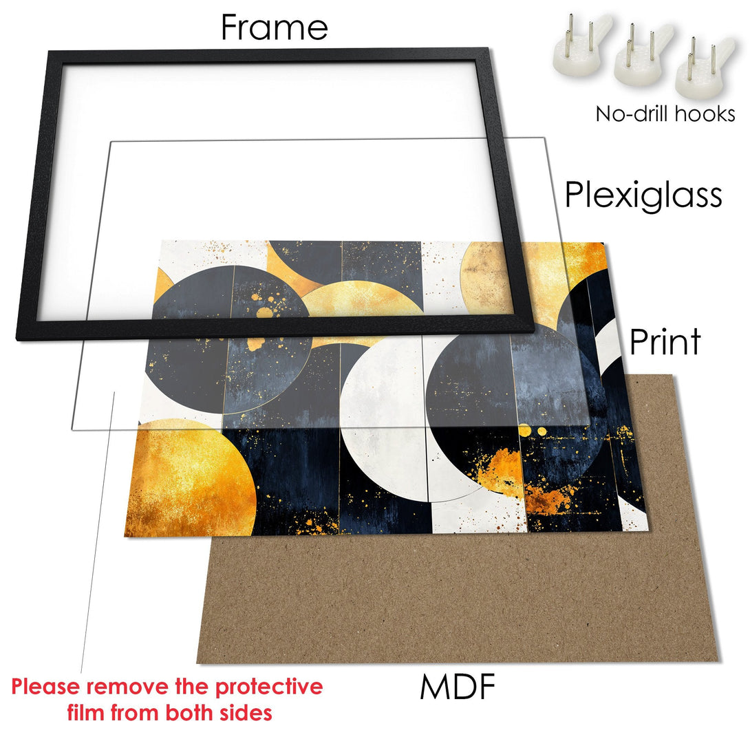 Framed Poster with abstract geometric art in navy, gold, and white. Modern wall art for your home.