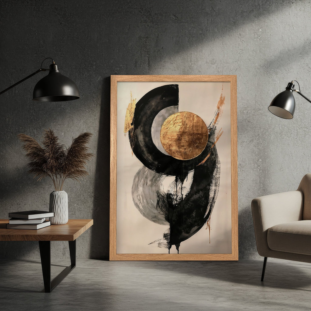 Framed Poster featuring abstract art in black, gold, and gray tones. Modern art print perfect for home decor.