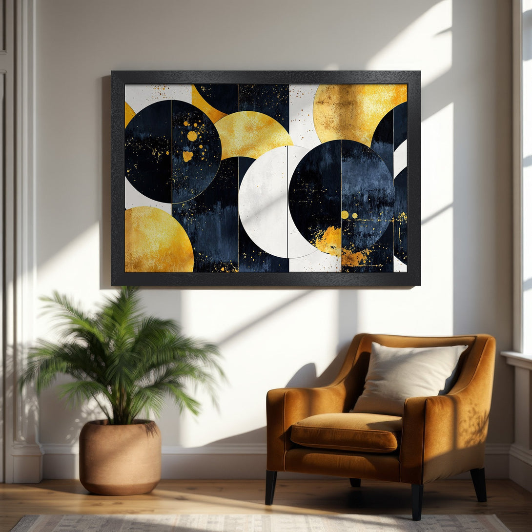 Framed Poster featuring abstract geometric art in navy, gold, and white. Modern art poster for home decor.