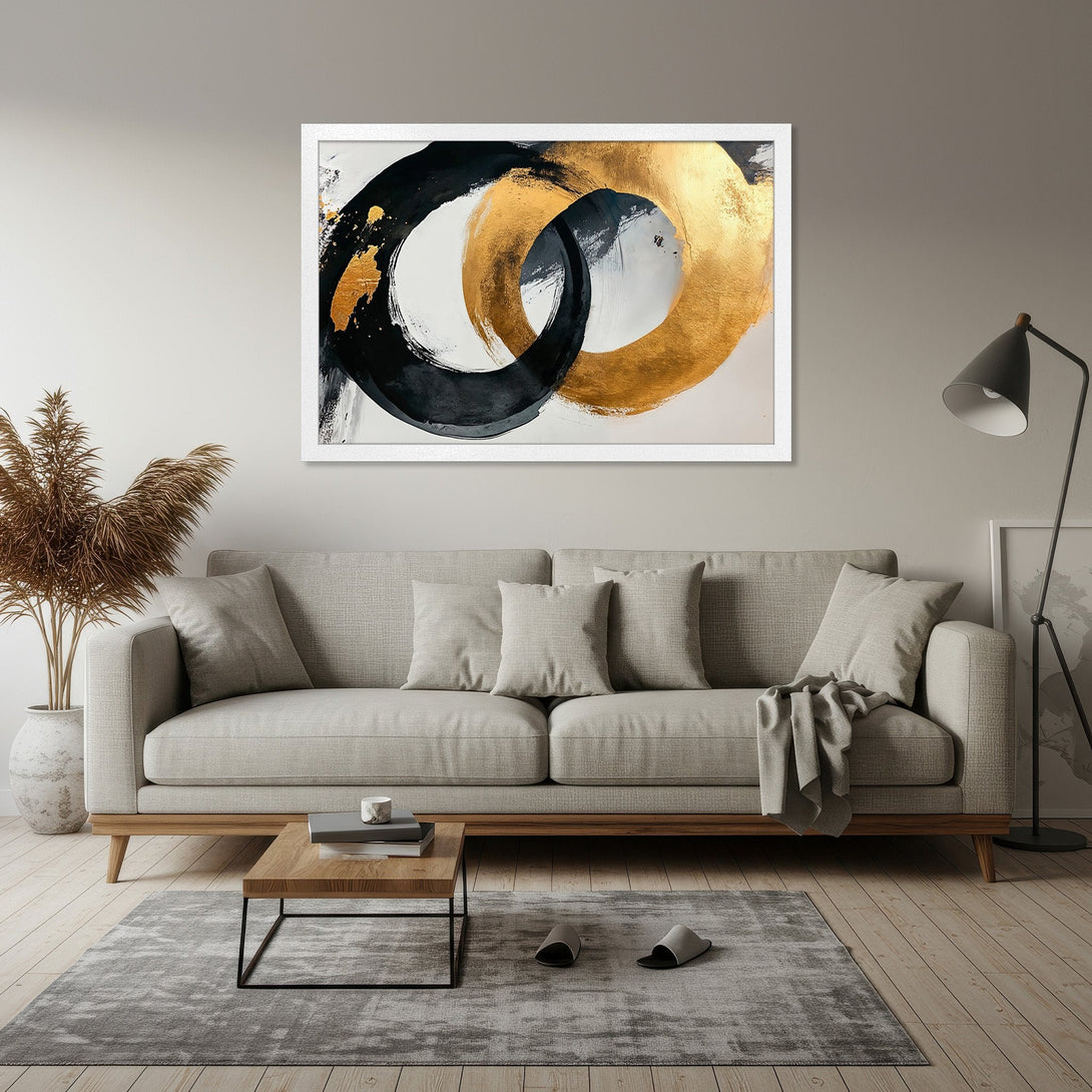 Framed Poster featuring abstract gold and black brushstrokes. Modern art print in a neutral color palette, perfect for home decor.