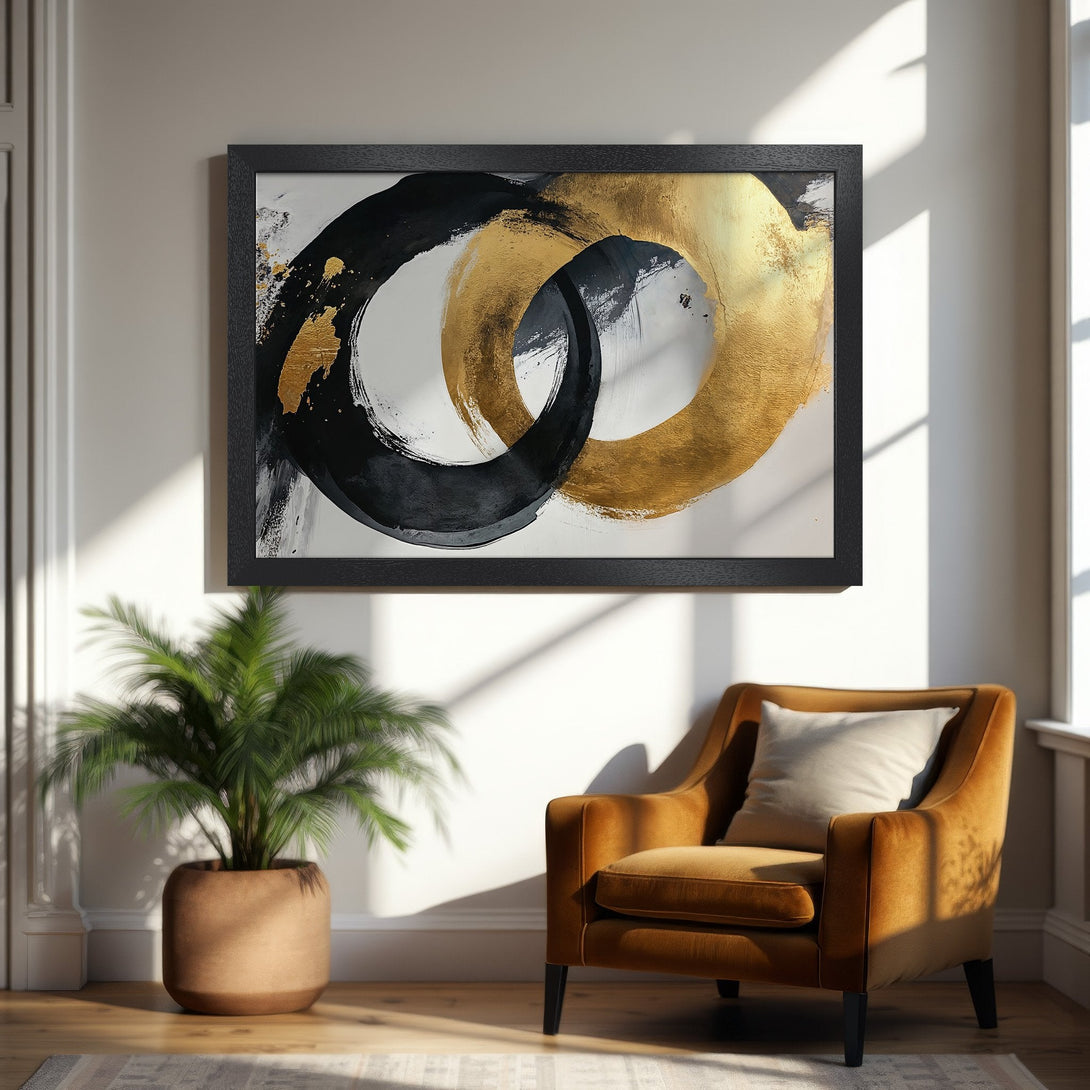 Framed Poster features abstract black and gold brushstrokes on white. Modern art print with a warm, inviting color palette.