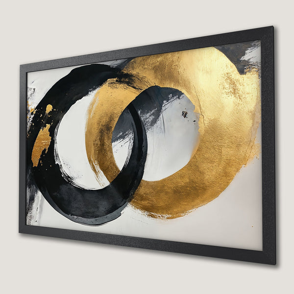 Framed Poster featuring abstract gold and black brushstrokes. Modern art print in a minimalist style.