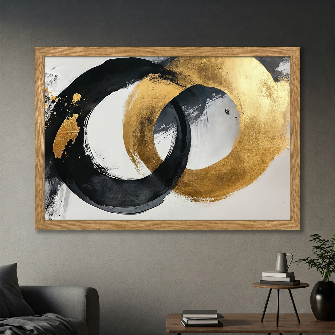 Framed Poster of abstract gold and black brushstrokes on white. Modern art print with a neutral color palette.