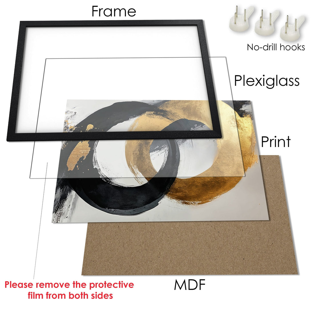 Framed Poster with abstract art in black, gold, and white. Modern art print ready to hang.