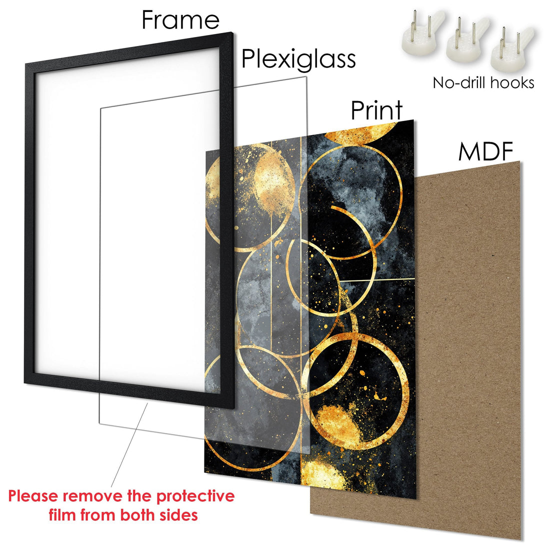 Framed Poster art featuring gold geometric design on a black and grey background. Modern decor with elegant color palette.