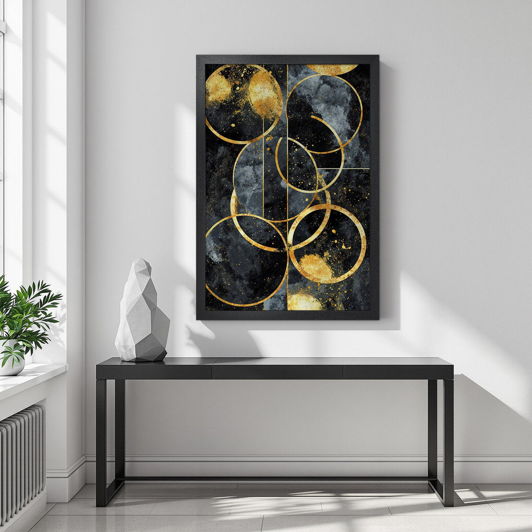 Framed Poster featuring abstract gold circles on a dark background. Modern art print with a black, gold, and grey color palette. Elevate your space!