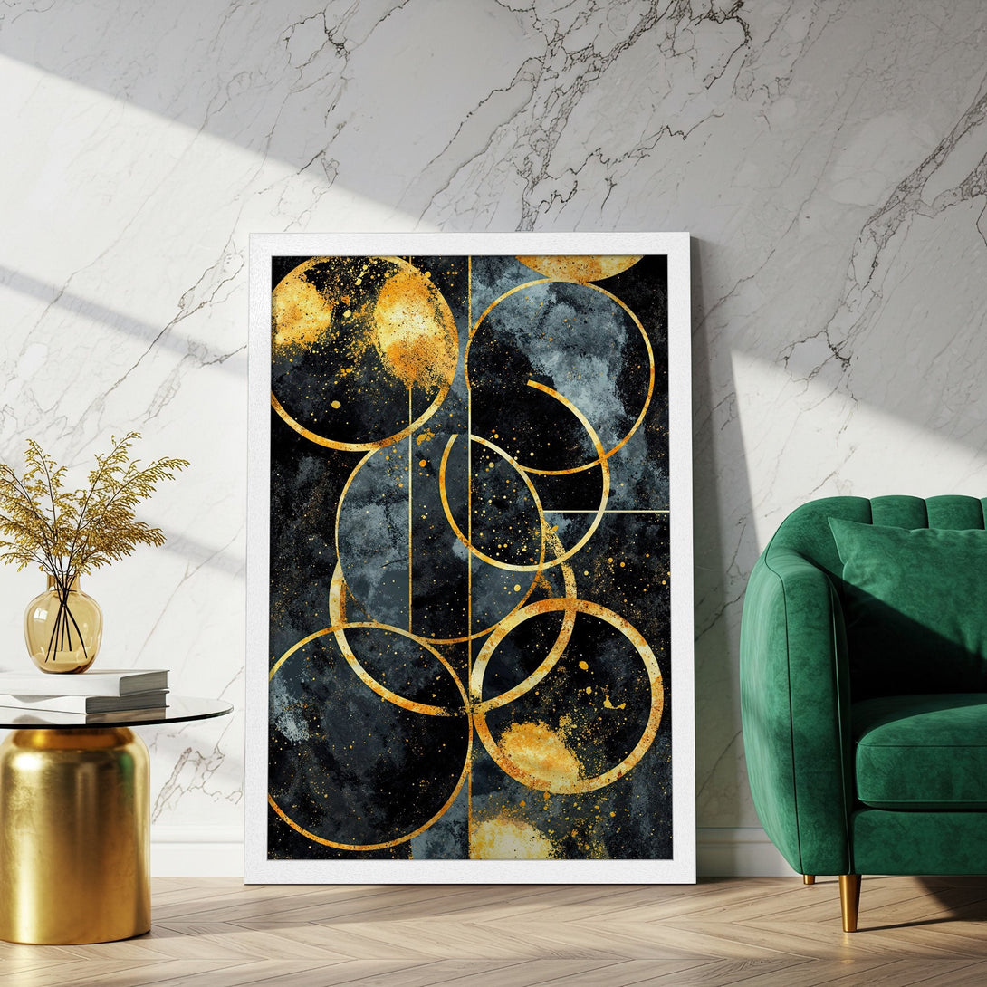 Framed Poster featuring abstract gold circles on a dark background. Modern art style with a luxurious black, gold, and teal color palette. Perfect wall decor.