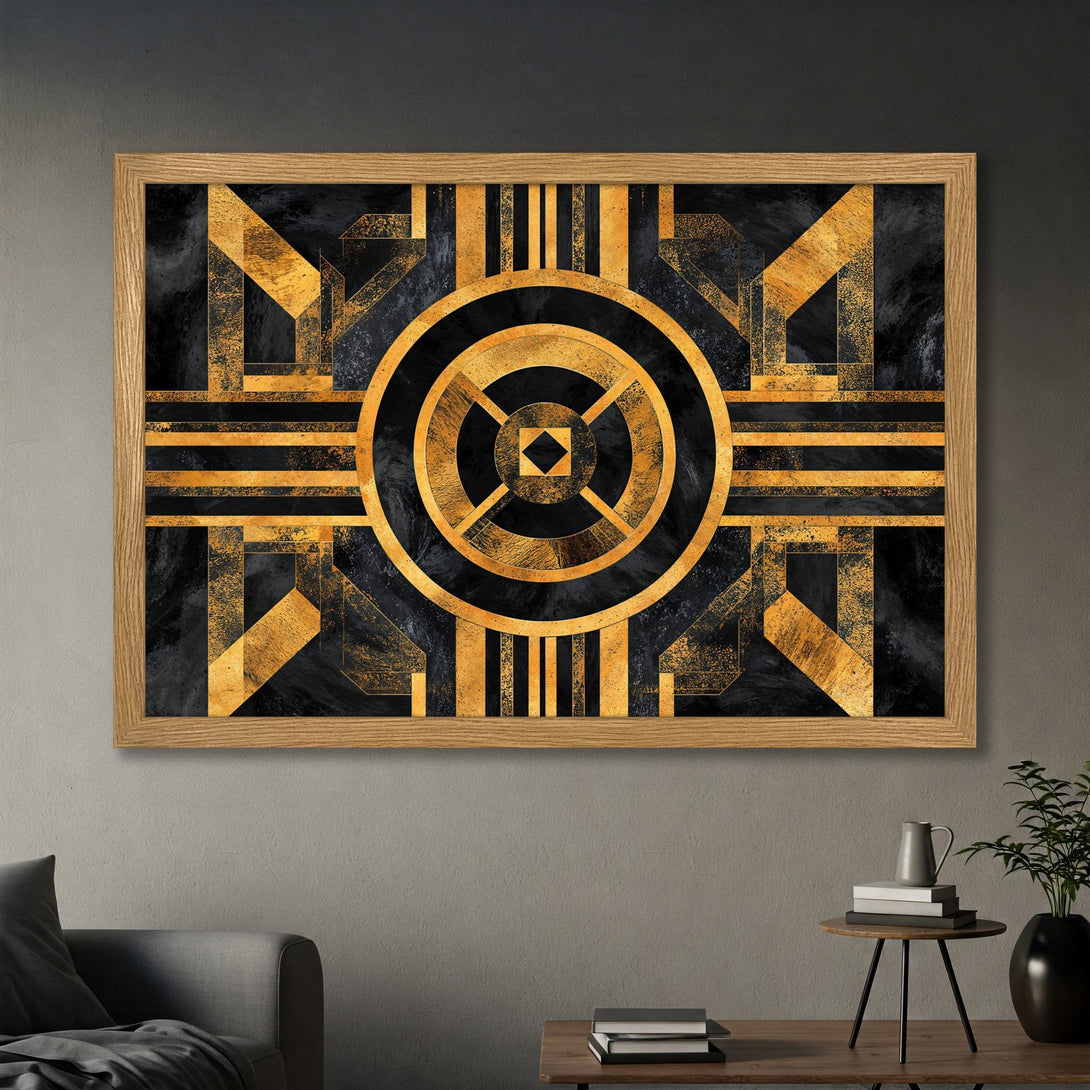 Framed Poster featuring a striking Art Deco design in black and gold. A stylish statement piece for any space.