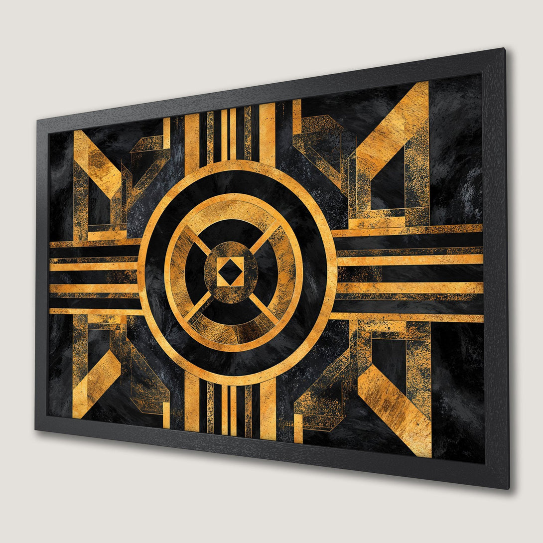 Framed Poster featuring a geometric Art Deco design in gold and black. Elevate your space with this stylish wall art.