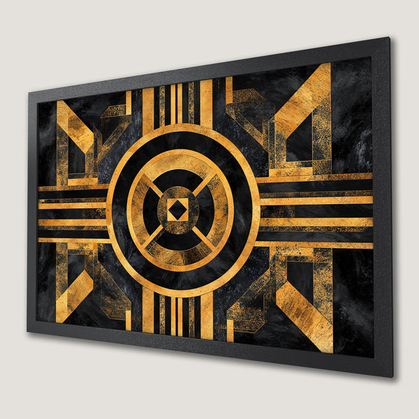 Framed Poster featuring a geometric Art Deco design in gold and black. Elevate your space with this stylish wall art.