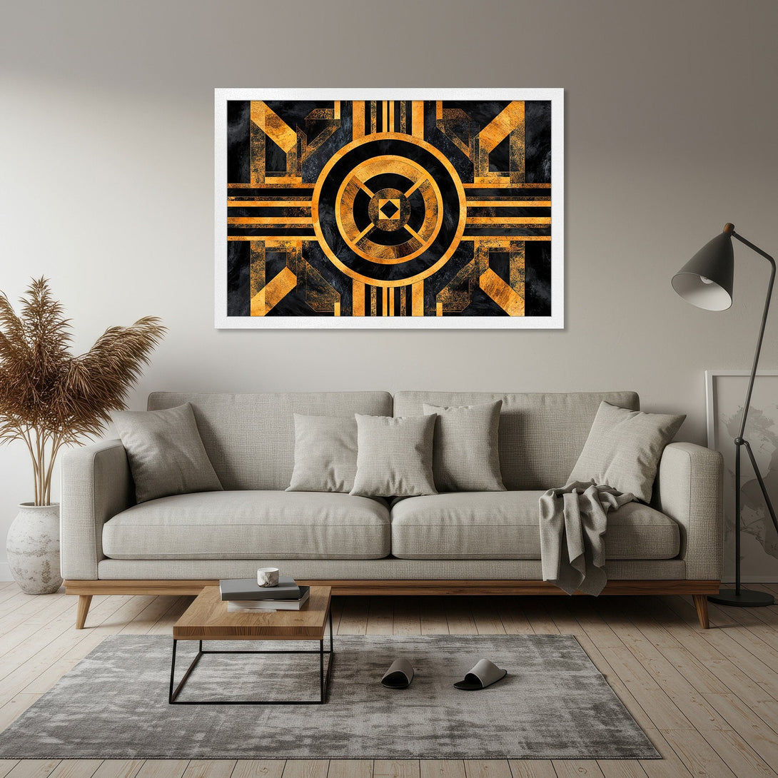 Framed Poster featuring an abstract geometric design in black and gold. Modern art style, perfect for home decor.