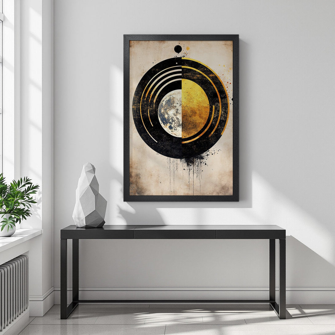 Framed Poster featuring a celestial design with moon phases, black, gold, and beige color palette. Modern art for home decor.