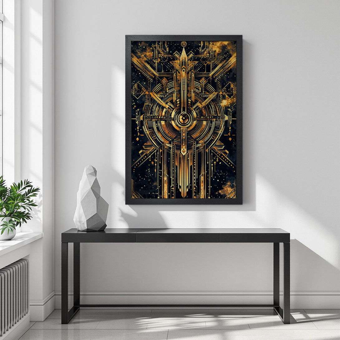 Framed Poster featuring an Art Deco design in gold and black. Perfect for modern home decor.