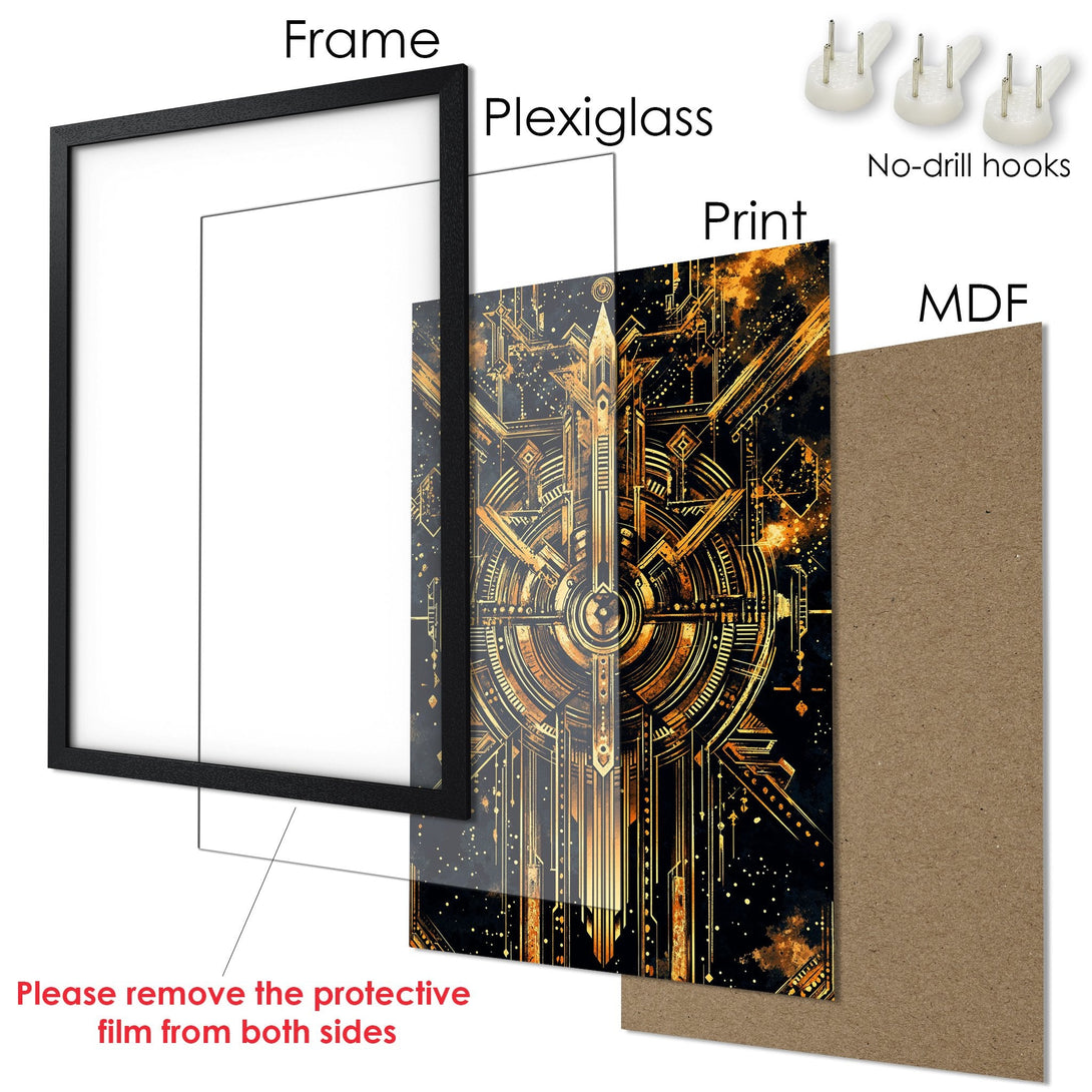 Framed Poster featuring an Art Deco design in gold and black. Elevate your space with this stylish wall art!