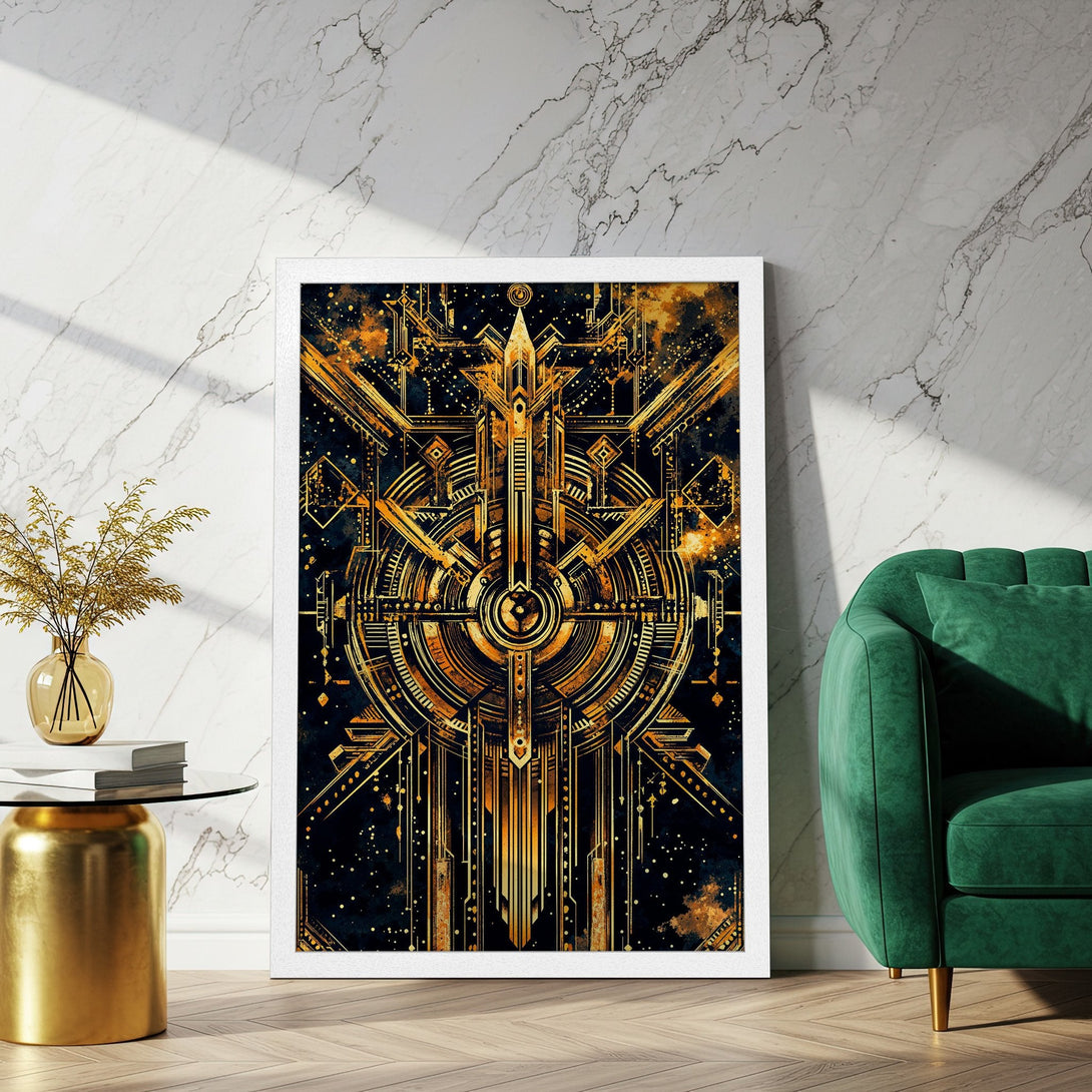 Framed Poster featuring an Art Deco design in gold and black, perfect wall art for a modern home.