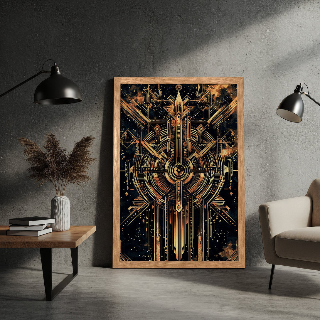 Framed Poster featuring an Art Deco design in gold and black. Elevate your space with this stunning, modern wall art.