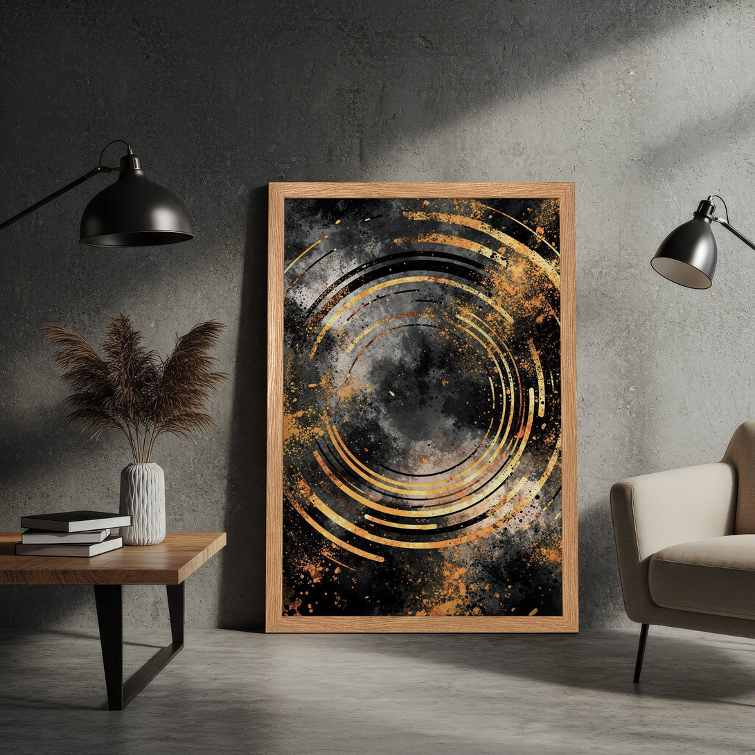 Framed Poster art print featuring abstract gold and black design. Modern art poster for home decor.