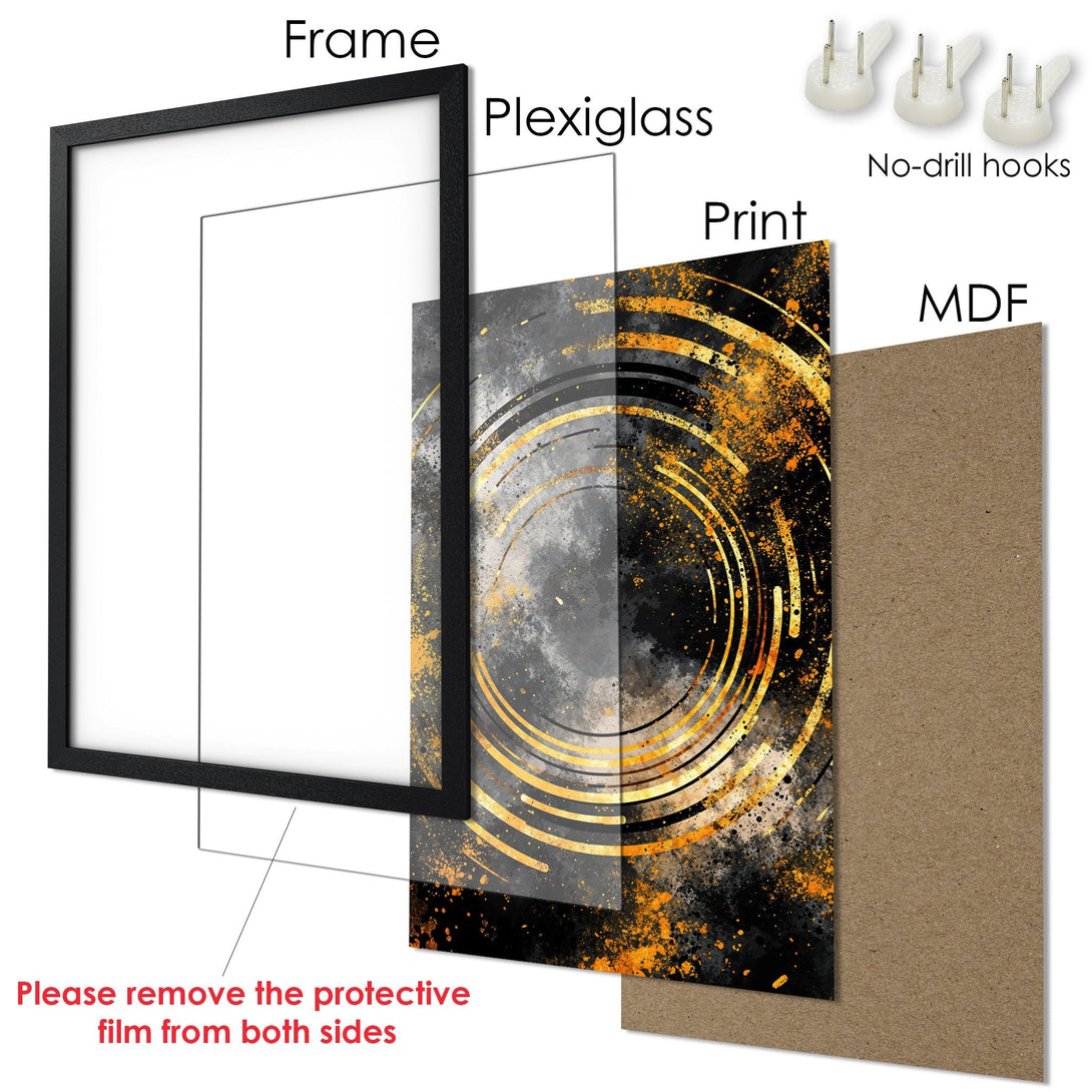 Framed Poster featuring abstract art in a black, gray, and gold color palette. Modern wall art for your home decor.