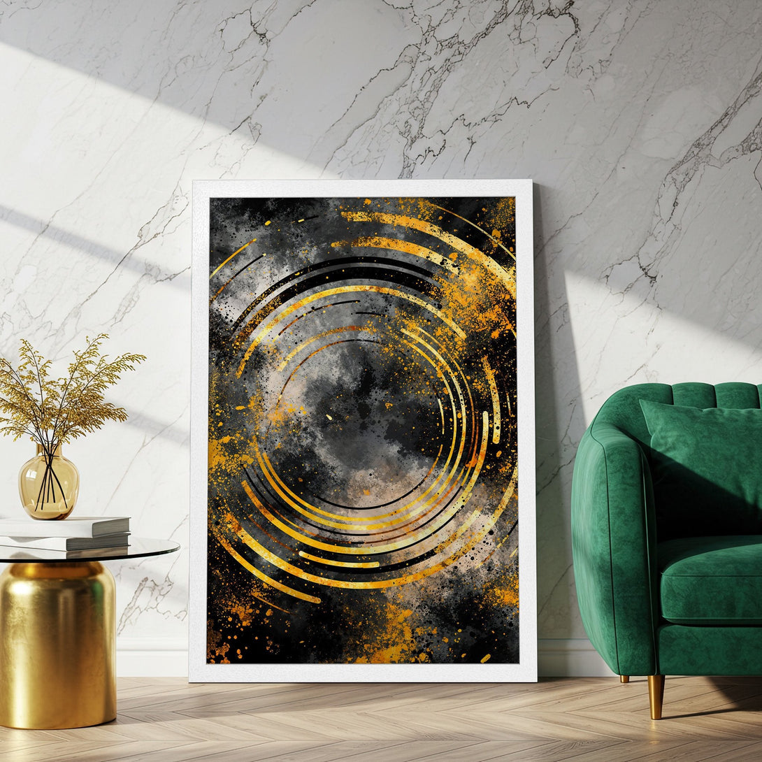 Framed Poster featuring abstract art with gold and black circular design. Modern style, perfect for home decor.