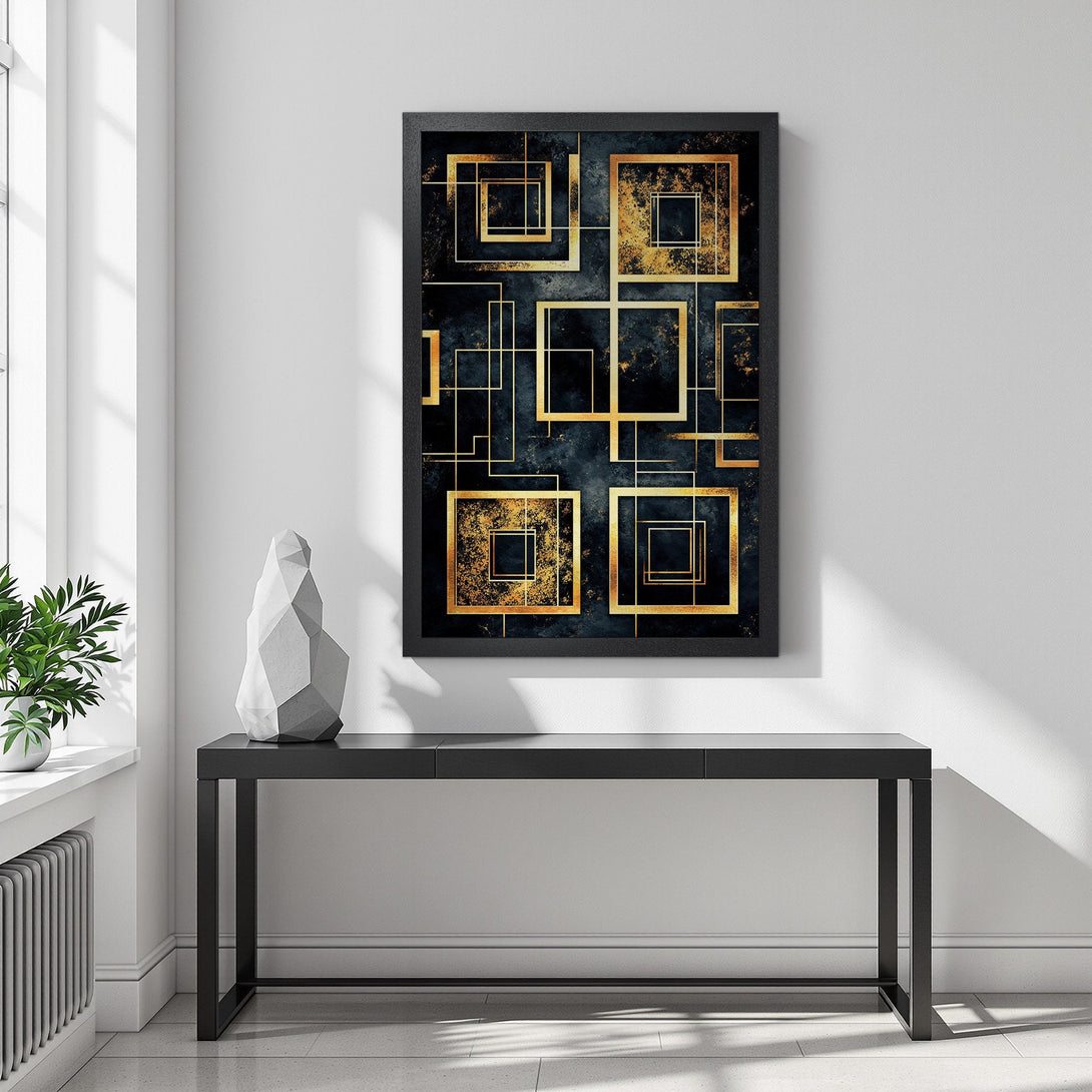 Framed Poster featuring geometric gold squares on a dark, textured background. Modern art print with a stylish black and gold color palette.