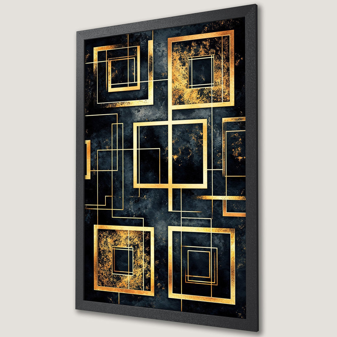 Framed Poster featuring an abstract geometric design in gold and black. Modern art for your home decor.