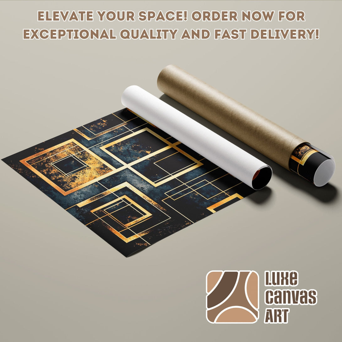 Geometric art Poster Roll with gold & blue accents. Modern style, luxurious design.