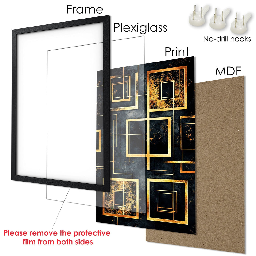 Framed Poster featuring a modern geometric design in black and gold. Elevate your space with this stylish, ready-to-hang art!