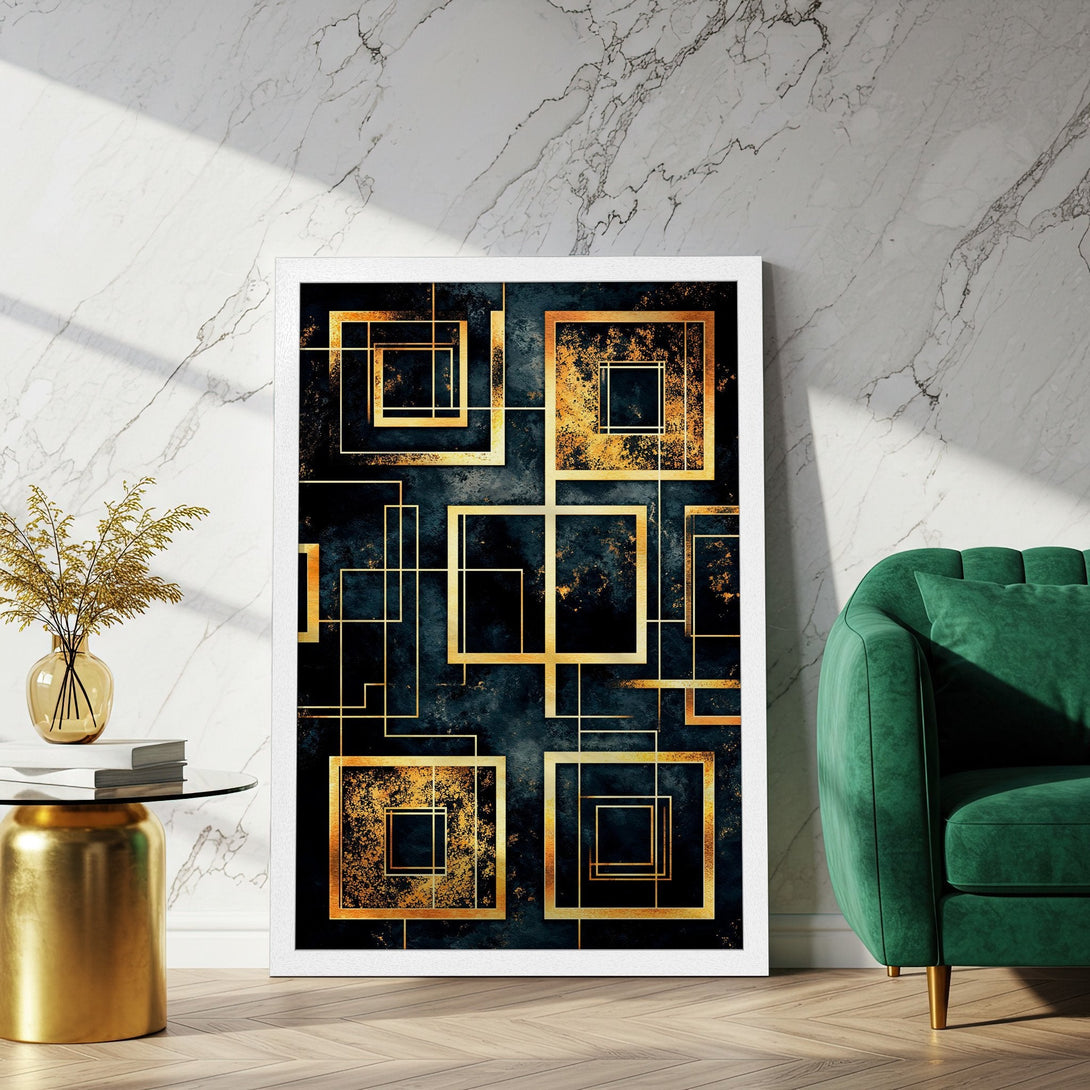 Framed Poster featuring geometric gold squares on a dark teal background. Modern art print with a luxurious gold and teal color palette.