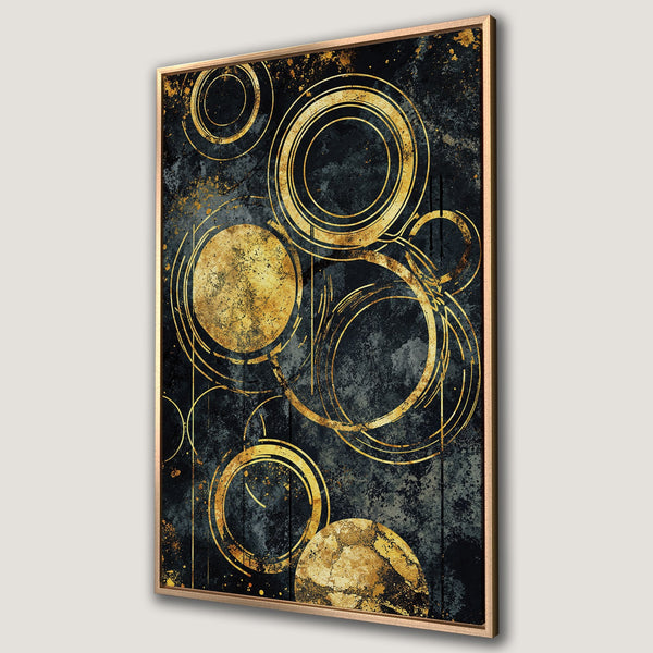 Framed Wall Art featuring abstract gold circles on a dark, textured background. Modern art piece with a luxurious, contemporary style. Perfect for any room!
