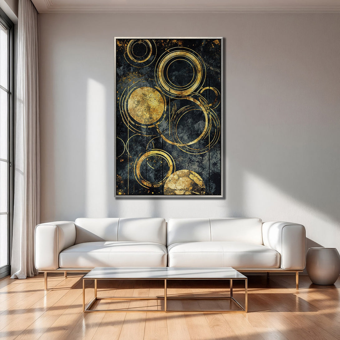 Framed Wall Art featuring abstract gold circles on a dark background. Modern art print for a stylish living room. Black, gold, and neutral color palette.