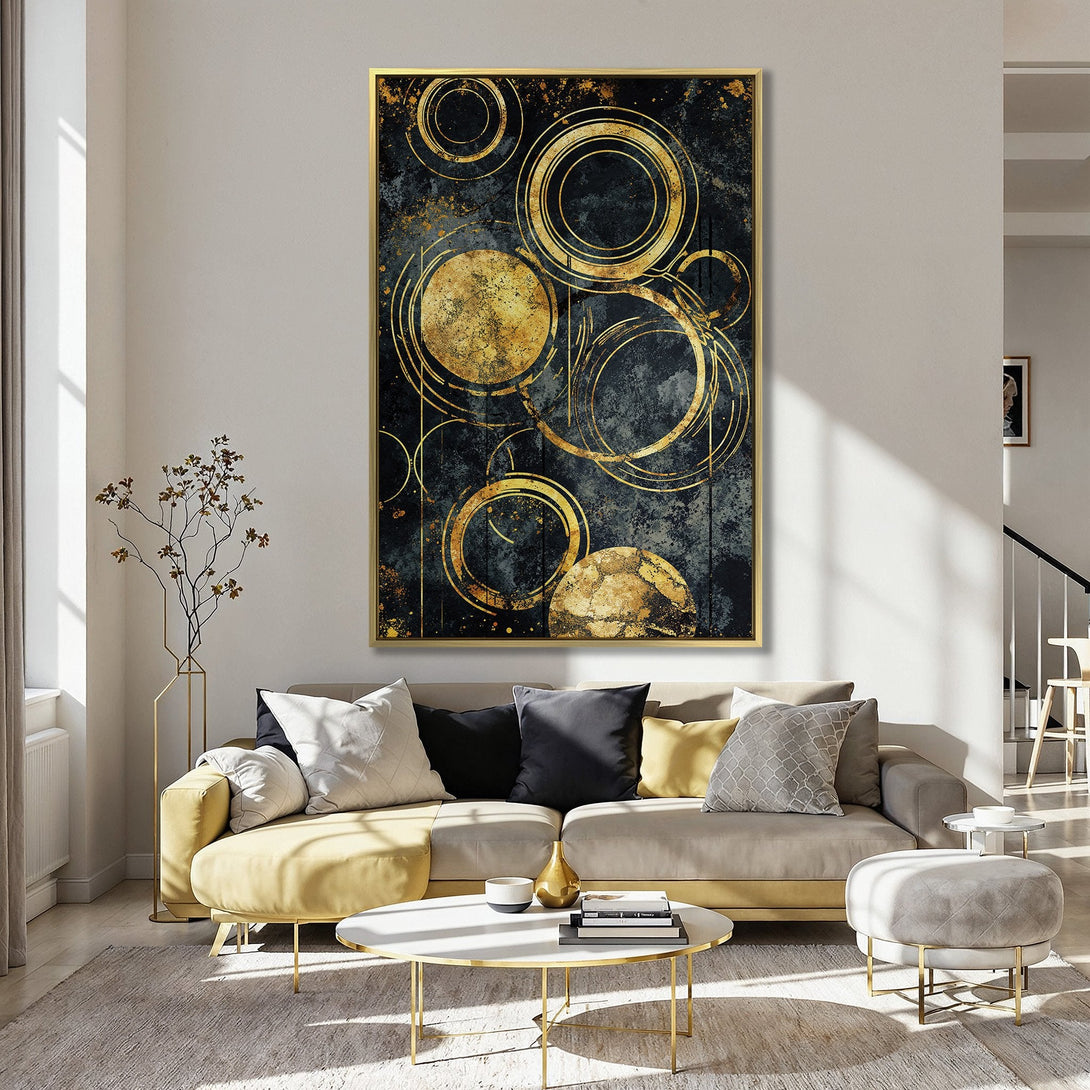 Abstract gold circle Canvas Print on a dark background, adding a touch of modern art to a stylish interior with a pink wall.