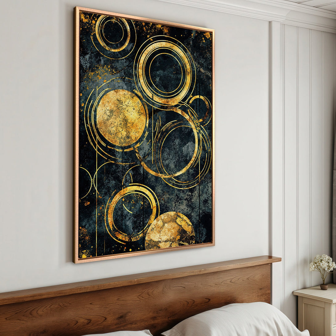 Framed Wall Art: Abstract gold circle design on a dark blue background. Modern art piece with a warm, luxurious color palette. Perfect for bedroom decor.