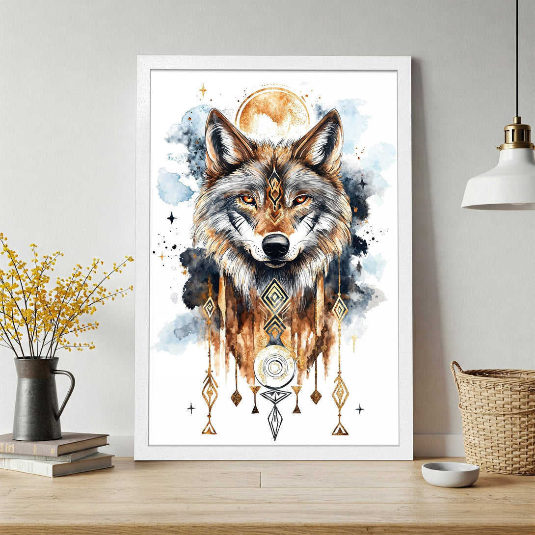 Framed Poster featuring a watercolor wolf illustration in earthy tones with blue and gold accents. Perfect wall art for your home!