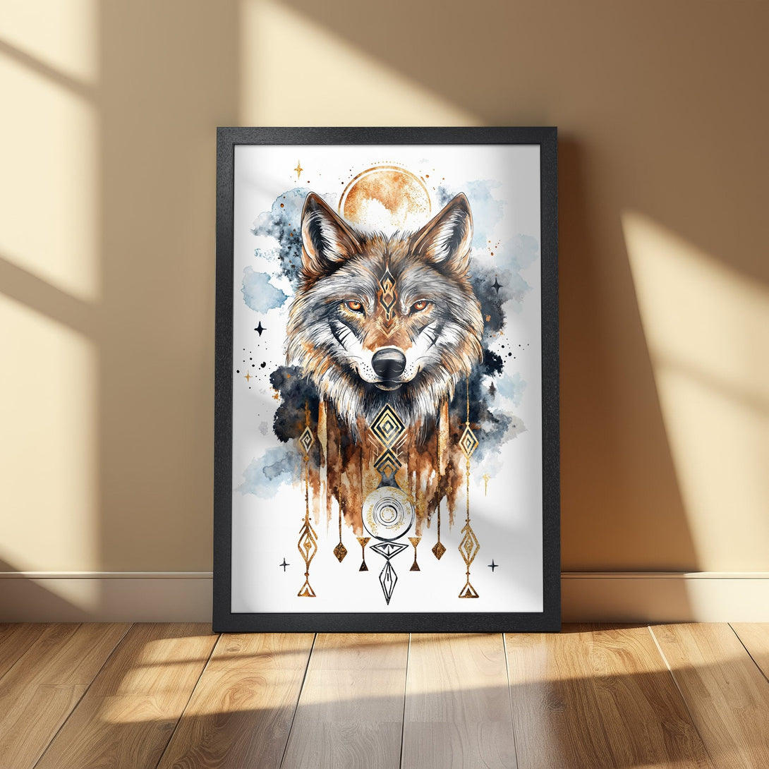Framed Poster featuring a watercolor wolf with a boho style. Earthy tones with blue accents. Perfect wall art for your home.
