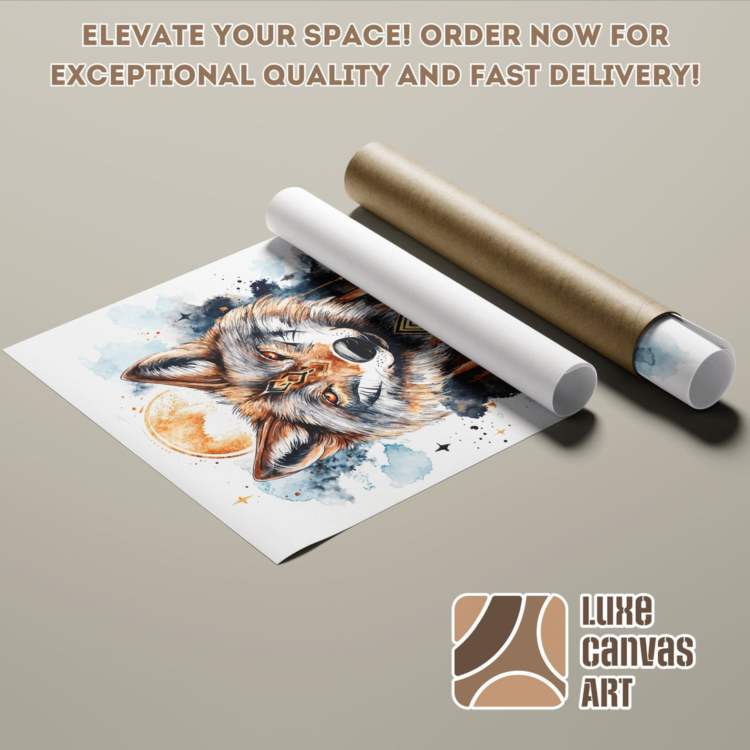 Poster Roll featuring a watercolor wolf art print. Earthy tones and blue accents, perfect wall decor for any room. Order now!