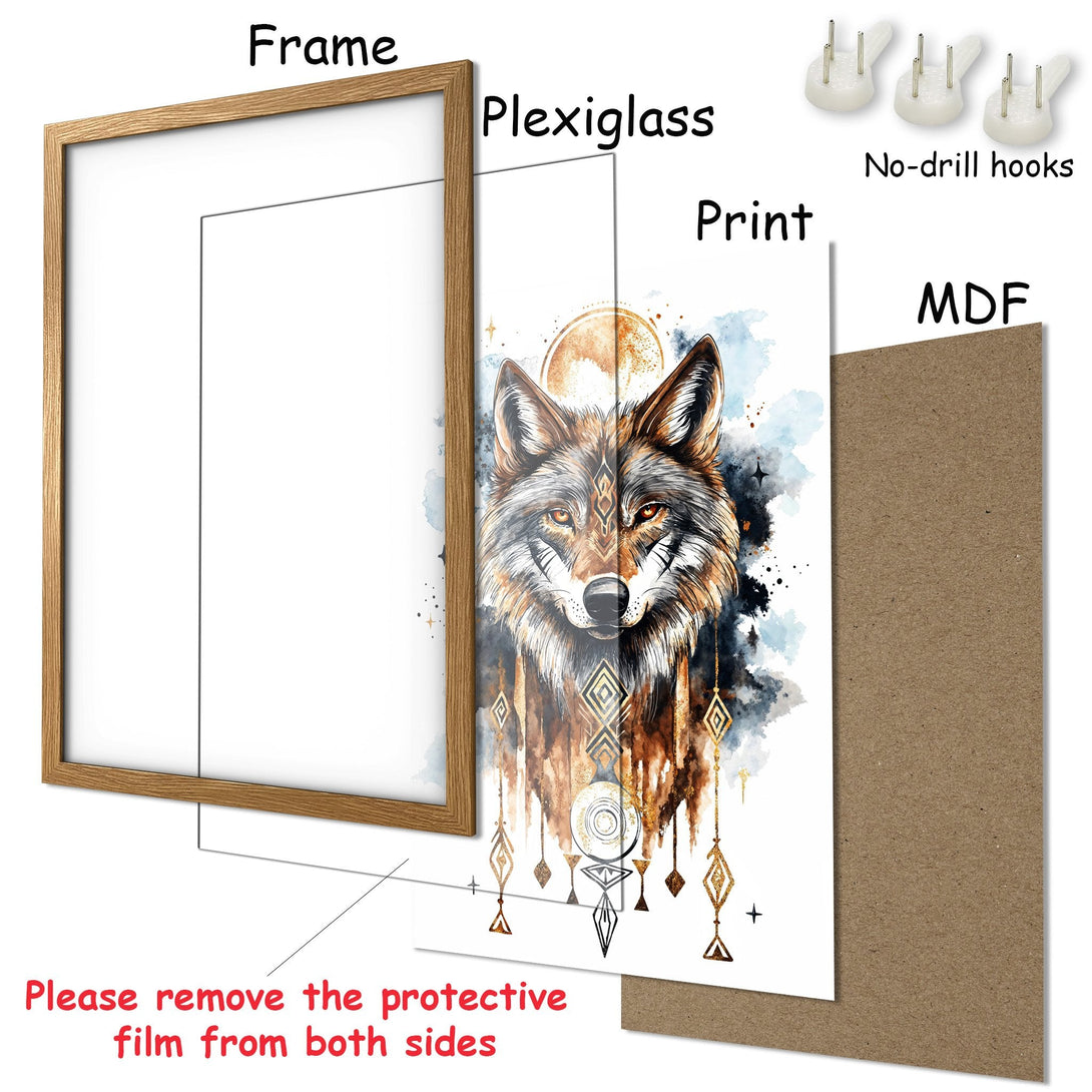 Framed Poster featuring a wolf in watercolor style with brown and gold tones. Perfect wall art for any space!