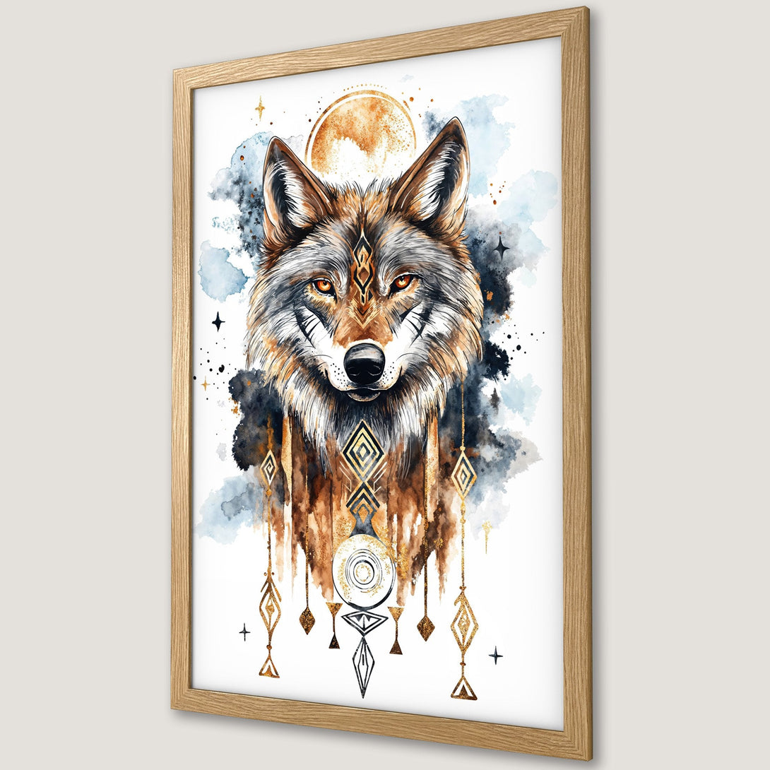 Framed Poster featuring a watercolor wolf with geometric accents. Earthy tones of brown, gold, and blue create a stunning, artistic piece.