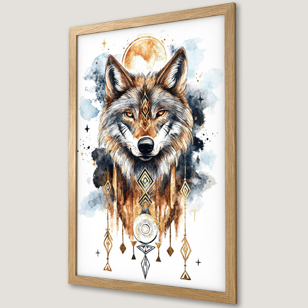 Framed Poster featuring a watercolor wolf with geometric accents. Earthy tones of brown, gold, and blue create a stunning, artistic piece.