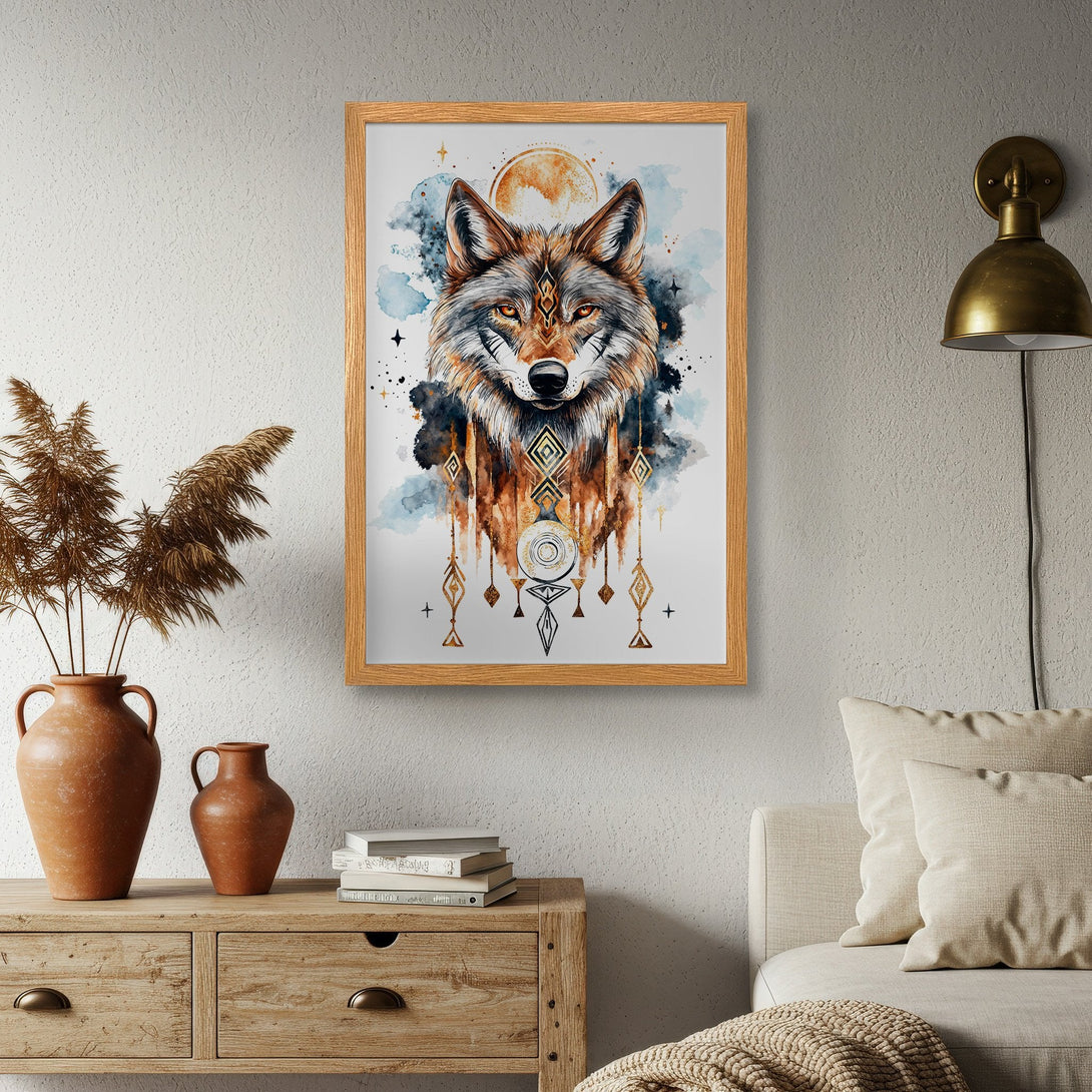 Framed Poster featuring a watercolor wolf portrait. Earthy tones of brown, blue, and gold create a stylish, bohemian aesthetic. Perfect wall art!
