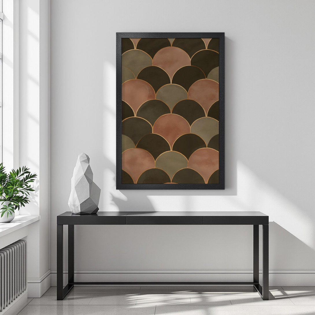 Framed Poster featuring an abstract geometric design in warm earth tones. Perfect wall art for modern home decor.