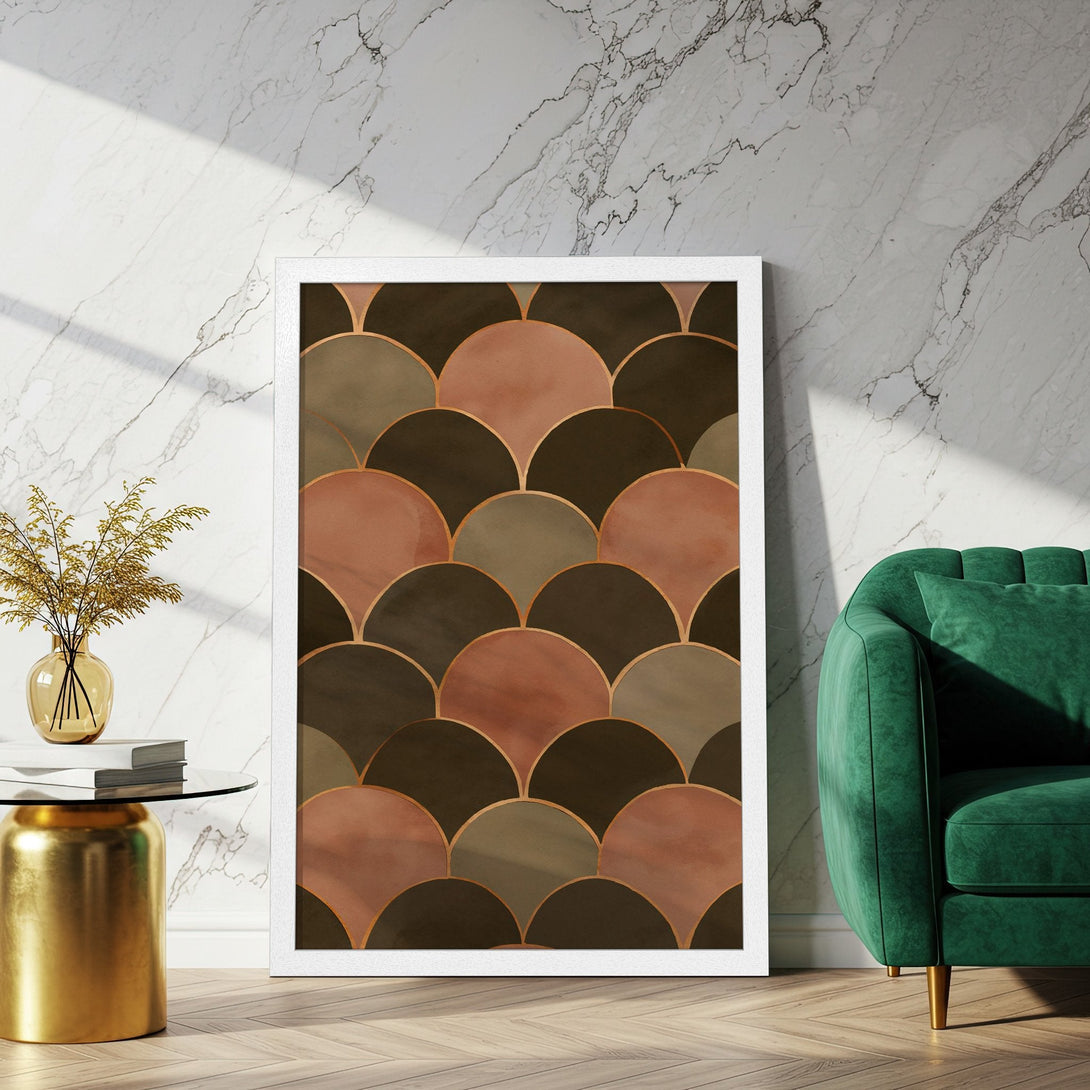 Framed Poster featuring a geometric art deco design in earthy tones. Perfect wall art for modern home decor.