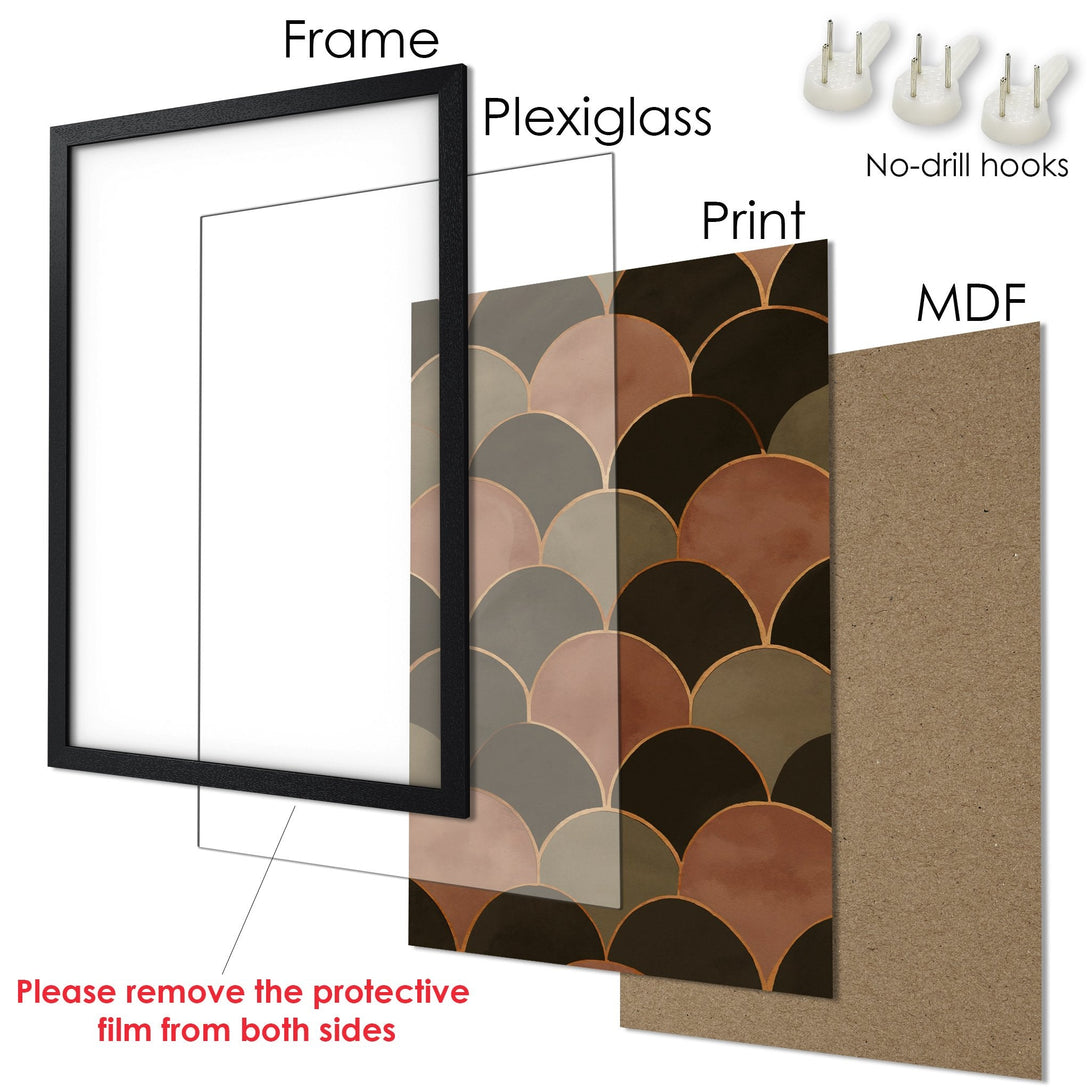 Framed Poster with geometric art in warm earth tones. Modern wall decor for your home.