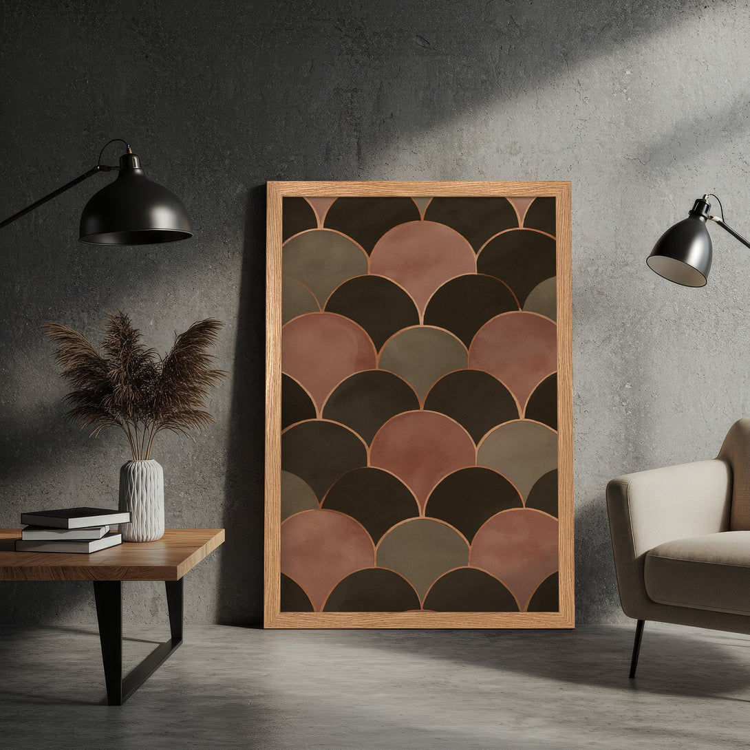 Framed Poster featuring an abstract geometric design in a warm, earthy color palette. Perfect art for modern home decor.