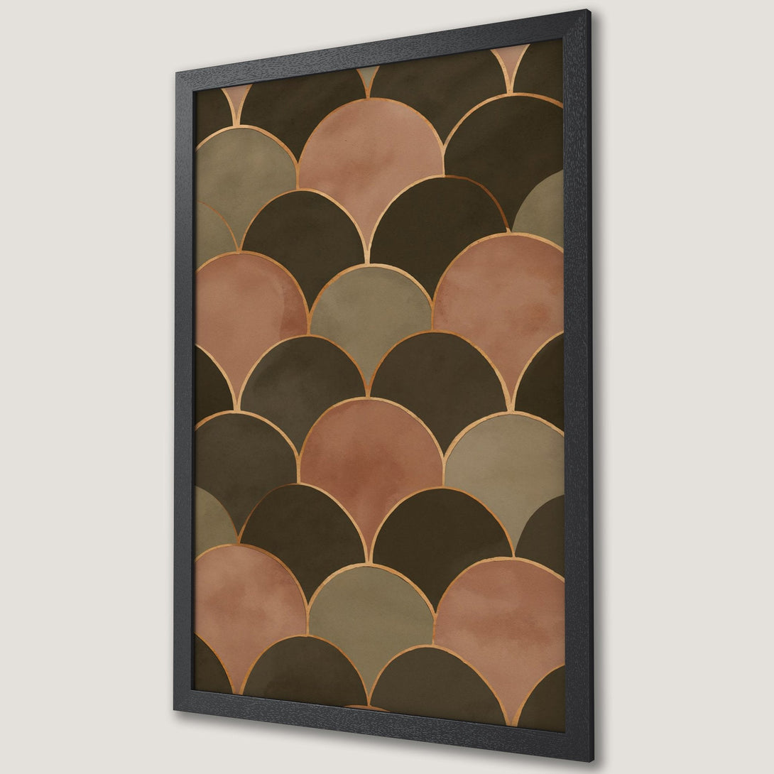 Framed Poster featuring an abstract, art deco design in earthy tones of brown, terracotta, and gold. Modern wall art for your home.