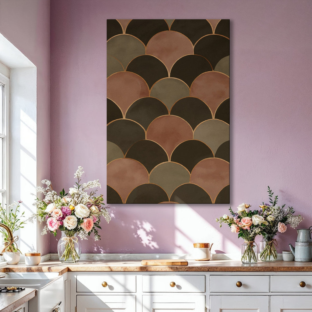 Framed Wall Art featuring an abstract geometric design in earthy tones. Modern art print adds sophistication to any living room.