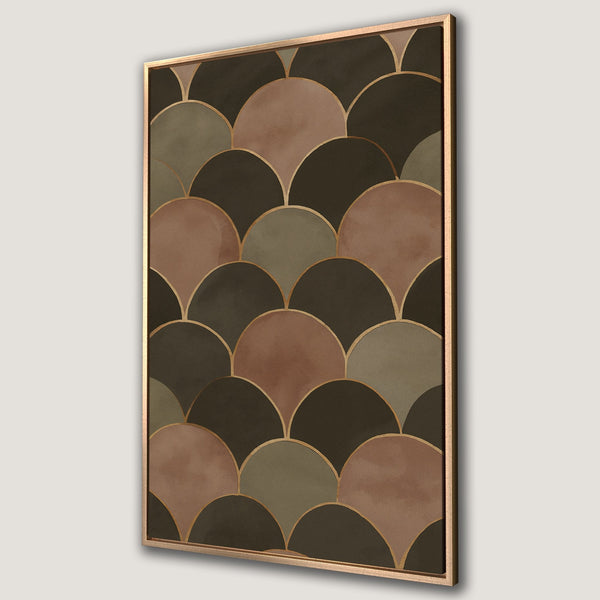 Framed Wall Art featuring a geometric fan pattern in earthy tones of brown, green, and gold. Perfect for adding a touch of modern elegance to any space.
