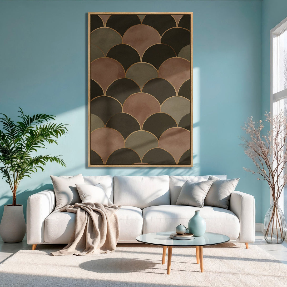 Framed Wall Art featuring a geometric fan design in warm brown and olive tones. Modern art decor in a stylish living room with a blue wall.